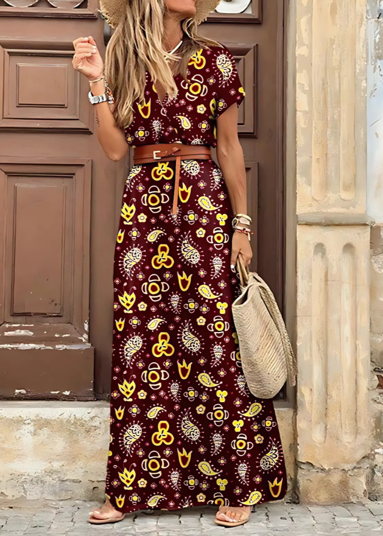 Briony | Elegant Long Dress with Paisley Prints and Belt