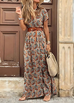 Briony | Elegant Long Dress with Paisley Prints and Belt