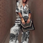 Hazel | Printed V-Neck Top & Long Pants